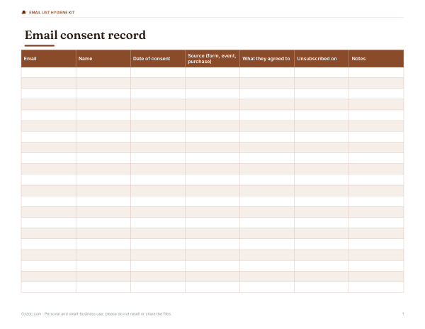 Preview of Printable Email Consent Log